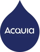 Acquia in white text surrounded by a navy drop icon